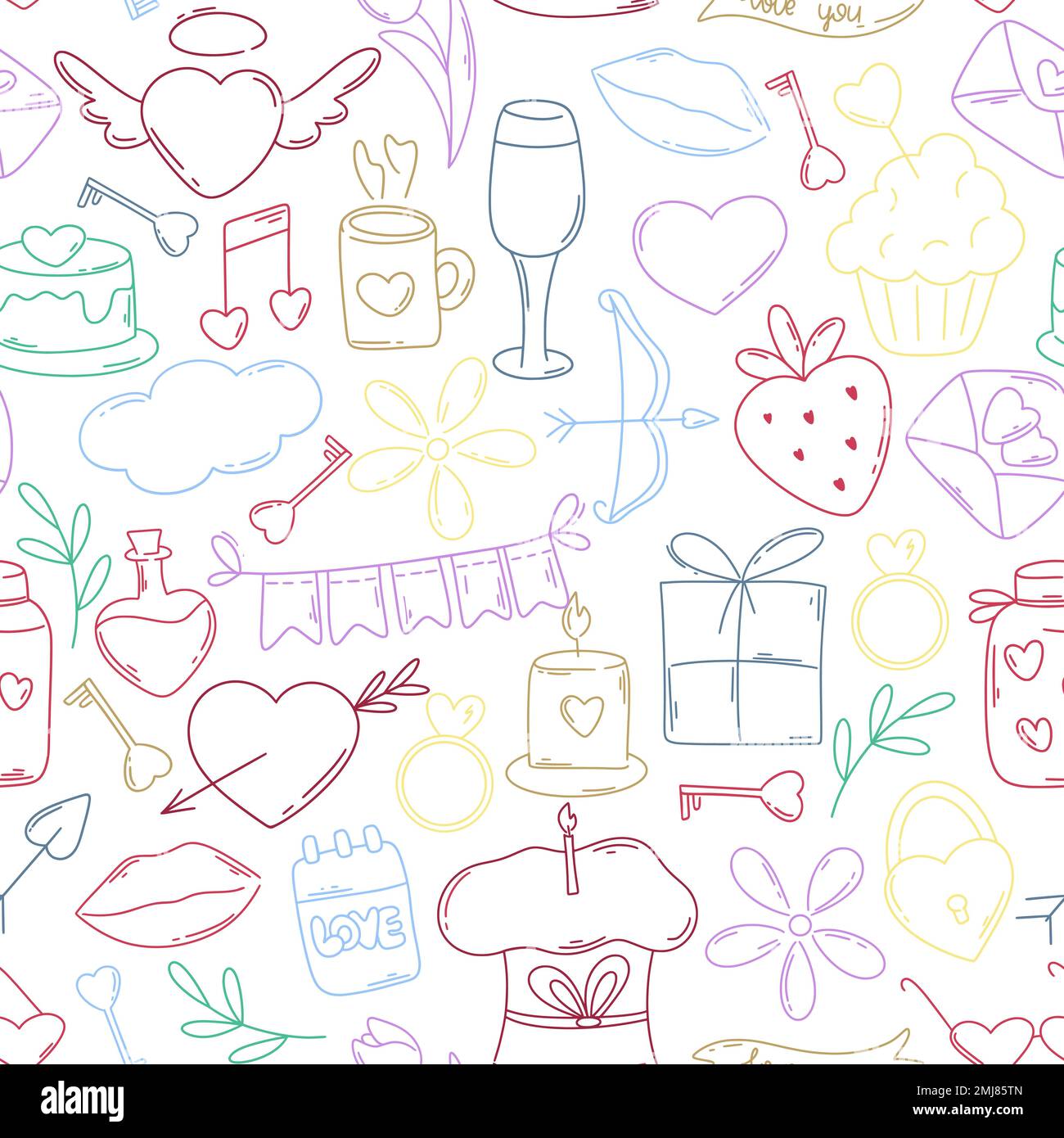 Doodle Elements Valentinstag nahtloses Muster. Süße romantische Symbole im Hintergrund. Drucken für Textilien, Tapeten, Papier, Verpackungen und Design. Flach Stock Vektor
