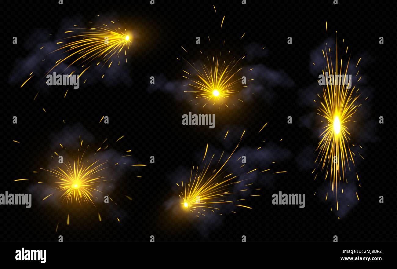 Flammeneffekt bei Brandfunken und Rauch von Metallschweißen, Funken oder elektrischen Blitzen. Lichtblitze industrieller Werke mit isoliertem Eisen auf transparentem Hintergrund, vektorrealistische Darstellung Stock Vektor