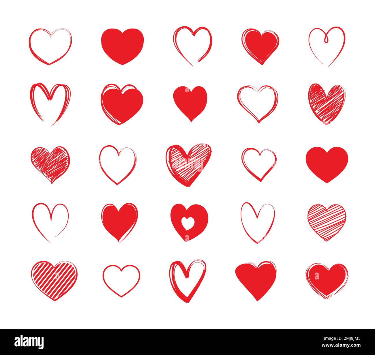 Symbol für rotes Herz gesetzt. Love Icon Hand gezeichnet isoliert auf weißem Hintergrund. Stock Vektor