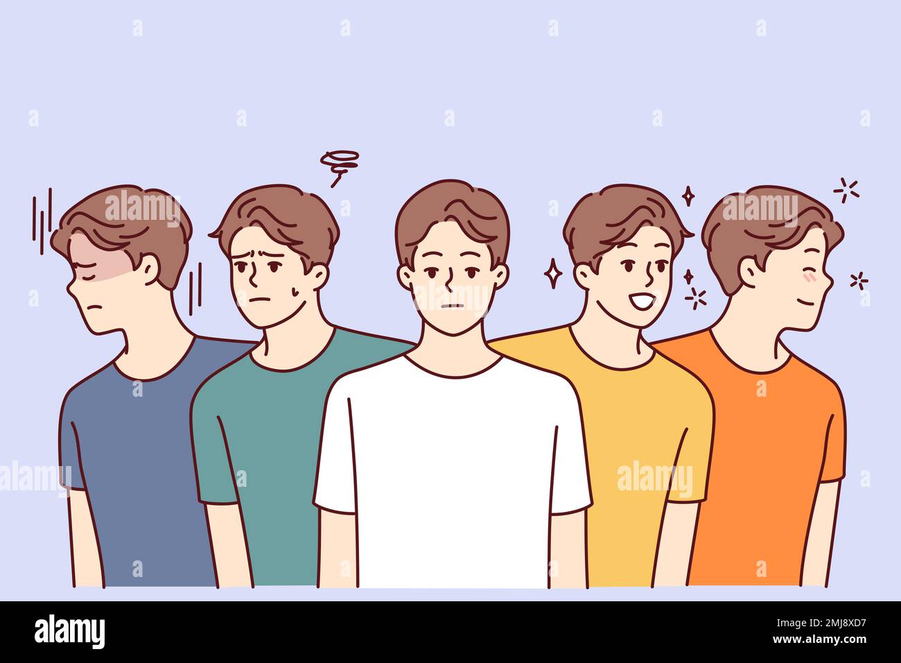 Identische Männer mit positiven und negativen Emotionen schauen in verschiedene Richtungen, um das Konzept häufiger Stimmungsschwankungen zu verstehen. Junge Männer in farbenfrohen lässigen T-Shirts lächeln oder runzeln. Abbildung eines flachen Vektors Stock Vektor