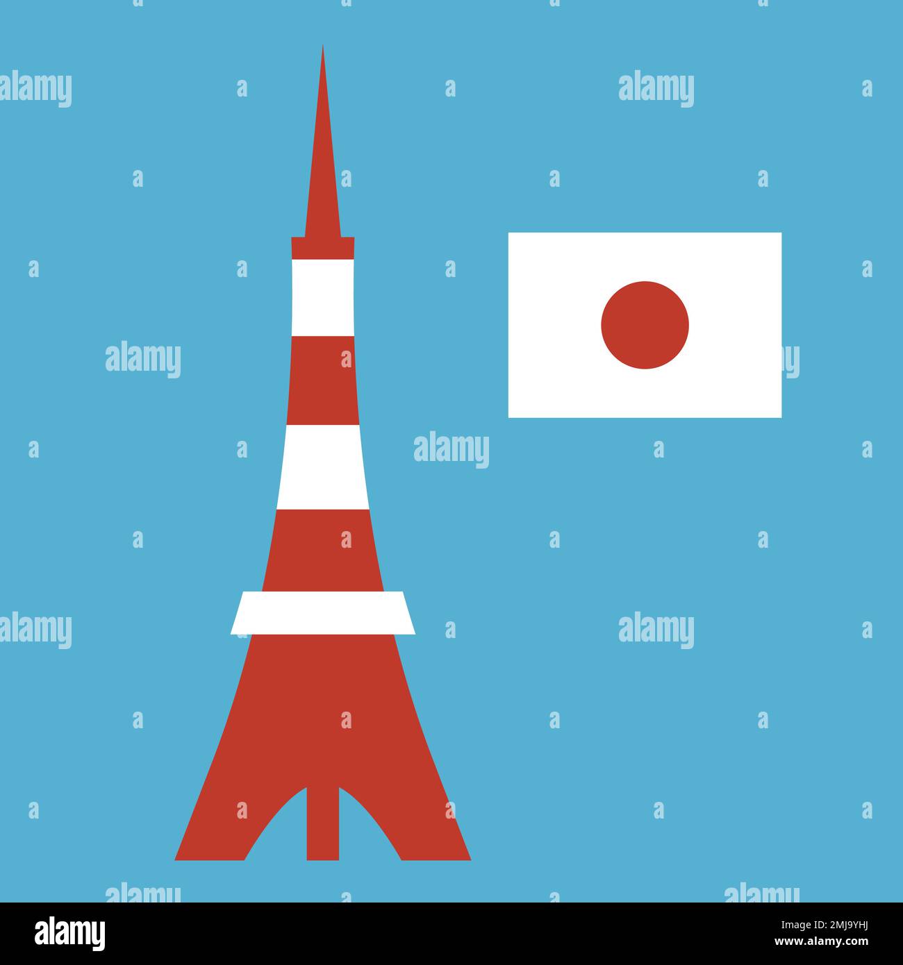 Tokio Tower und japanisches Flaggensymbol isoliert auf blauem Hintergrund. Bearbeitbarer Vektor. Stock Vektor