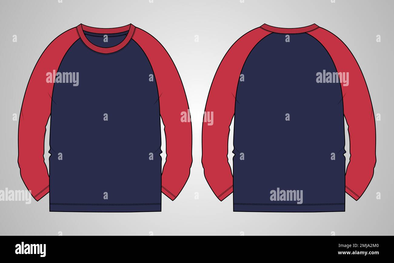 Langarm-T-Shirt technische Mode flacher Skizzenvektor Illustration Vorlage Vorder- und Rückansicht Stock Vektor