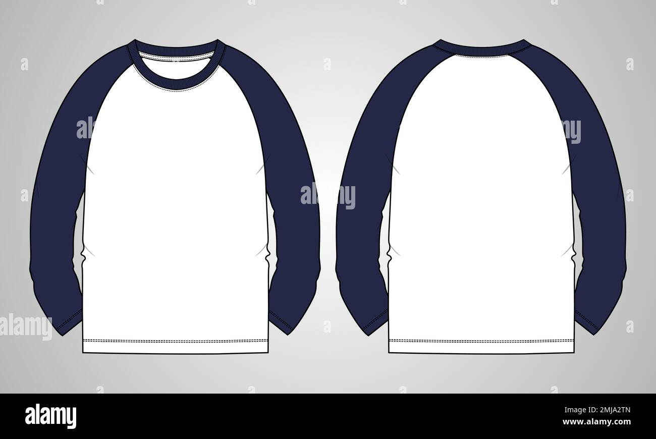 Langarm-T-Shirt technische Mode flacher Skizzenvektor Illustration Vorlage Vorder- und Rückansicht Stock Vektor
