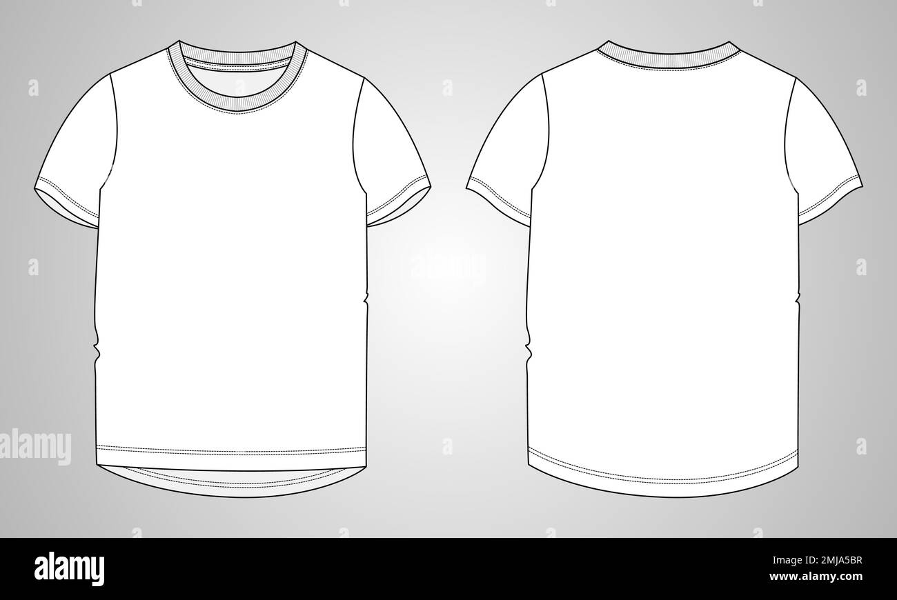 T-Shirt Technical Sketch Fashion Template für Damen. Vektorkunst Illustration Bekleidungsmodell Vorder- und Rückansicht. Einfache Bearbeitung anpassbar Stock Vektor