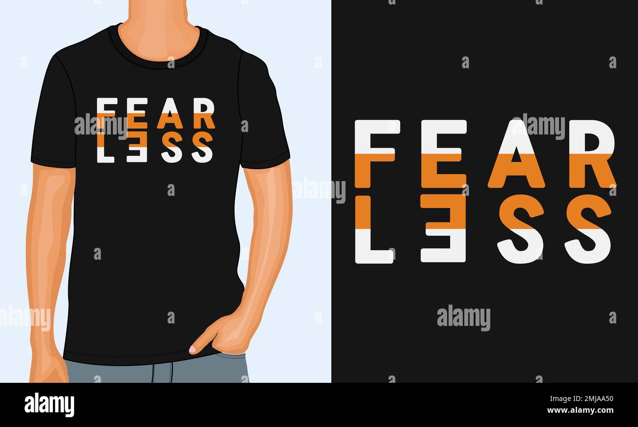 Furchtlos. Typografie-T-Shirt Brustmotiv druckbereit. Moderne T-Shirt-Vektordarstellung mit Schriftzug isoliert auf schwarzer Vorlagenansicht. Stock Vektor