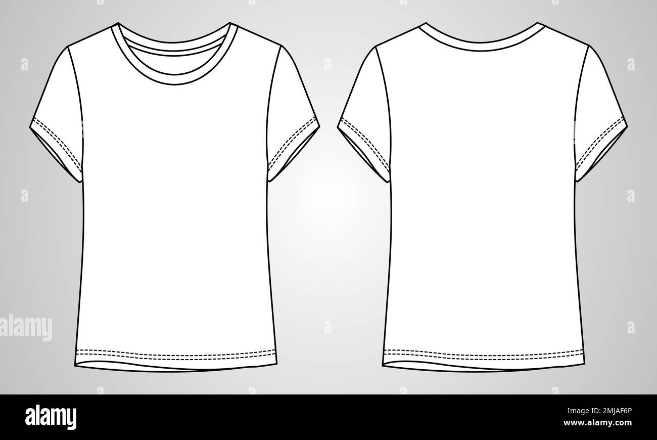 T-Shirt Technical Sketch Fashion Template für Damen. Vektorkunst Illustration Bekleidungsmodell Vorder- und Rückansicht. Einfache Bearbeitung anpassbar Stock Vektor