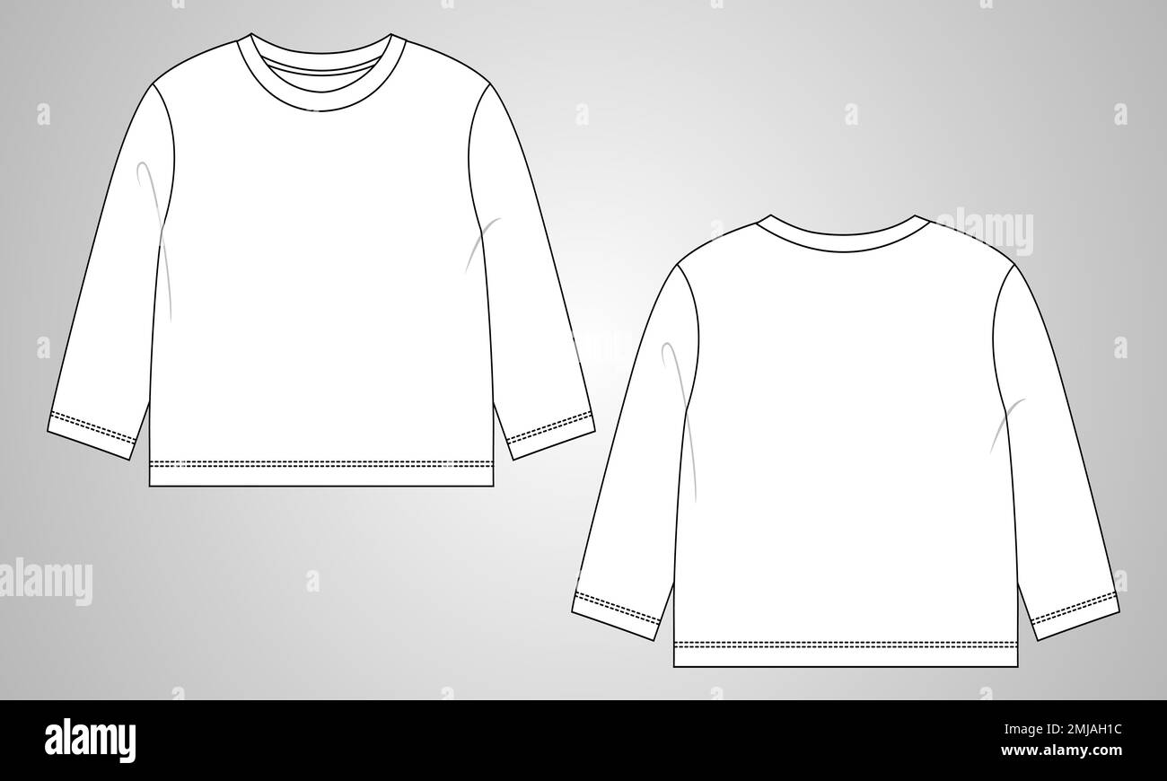 T-Shirt insgesamt technische Mode flache Skizze Vektor Illustration Vorlage Vorder- und Rückansicht. Basic Bekleidung Design Mock Up für Kinder und Jungen Stock Vektor