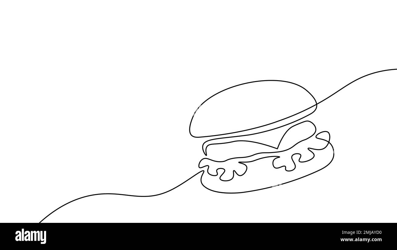 Einzeiliges durchgehendes Cheeseburger-Symbolkonzept. Silhouette von Fast-Food-Burgern mit Käsesalatbrötchen. Digitale weiße Skizze mit einer Linie Stock Vektor