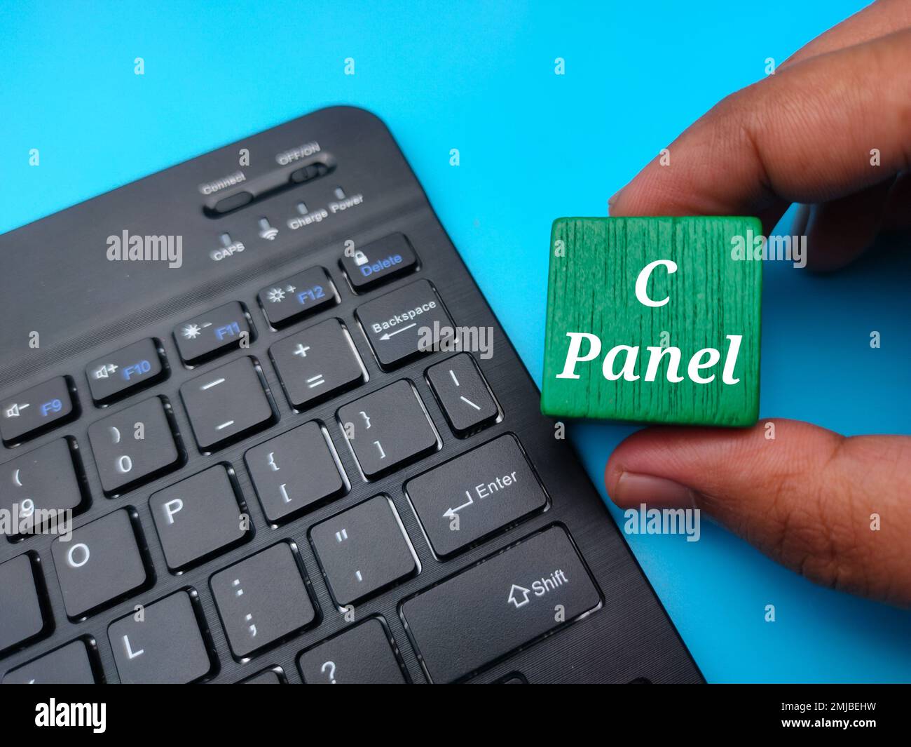 Handgehaltener Holzwürfel mit dem Wort C Panel. Stockfoto