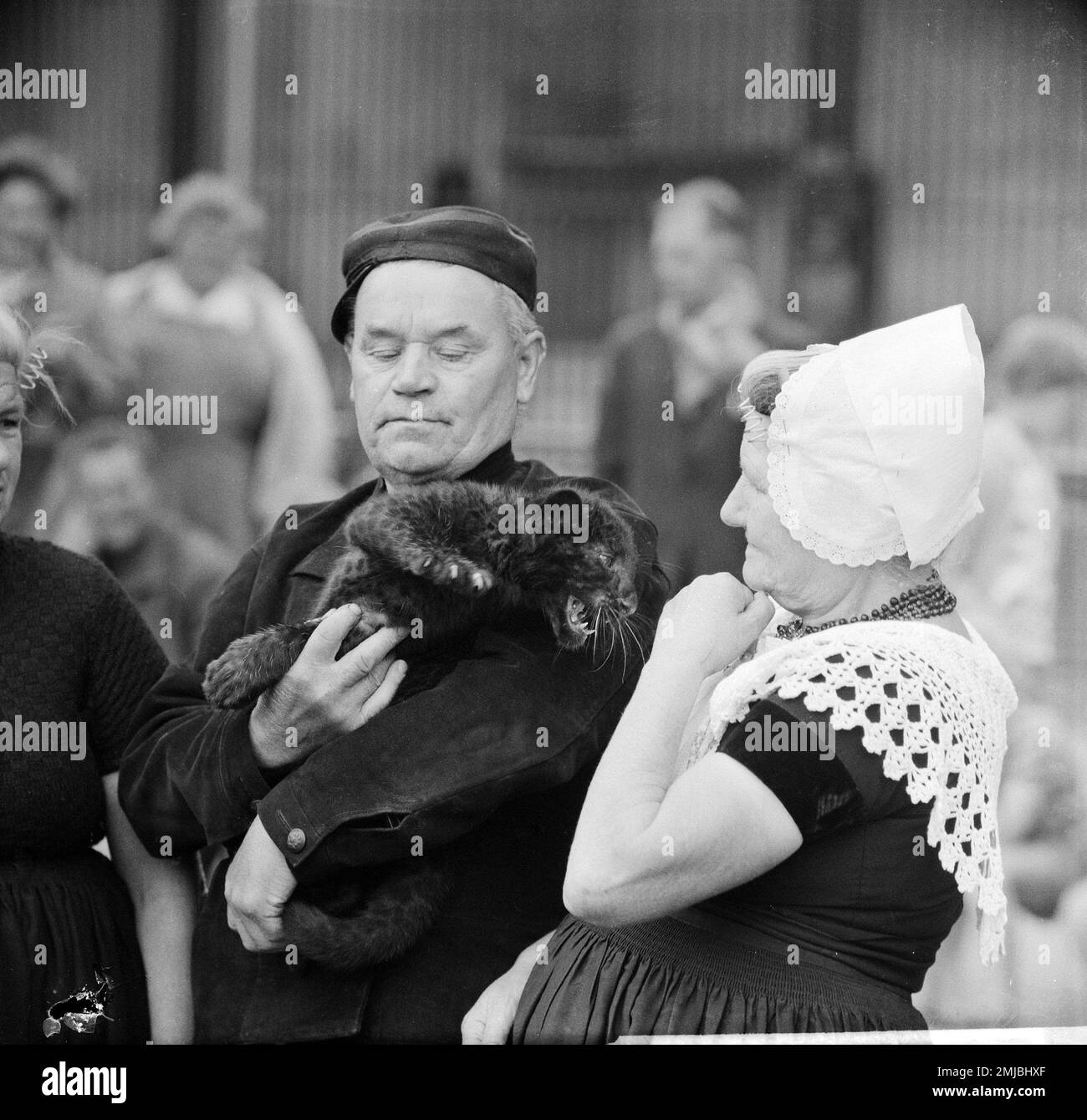 Niederländische Geschichte: Ein Westkapelle-Paar in Artis im Zwarte Panter, Ein Mann mit einem schwarzen Panther; Datum: 30. Juli 1962 Stockfoto