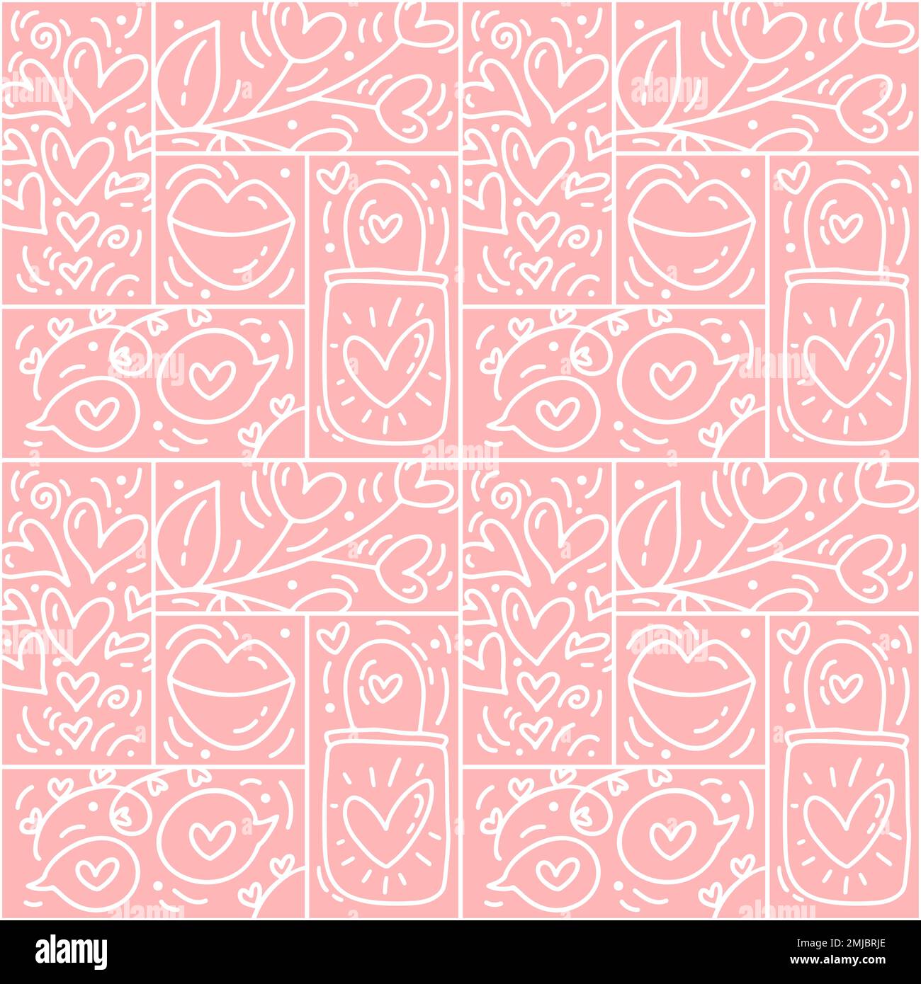 Vektor des Valentinstag-Logos Nahtloses Muster Liebe, Lippen, Herz und Wolken auf pinkfarbenem Hintergrund. Handgezeichneter Monolin-Konstrukteur für eine romantische Grußkarte Stock Vektor