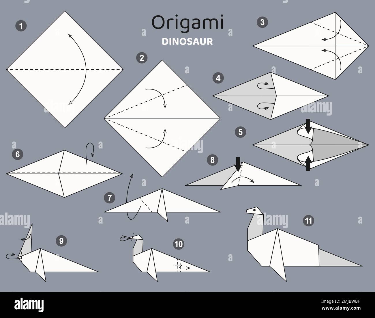 Origami-Tutorial. Origami-Schema für Kinder-Dinosaurier Stock Vektor