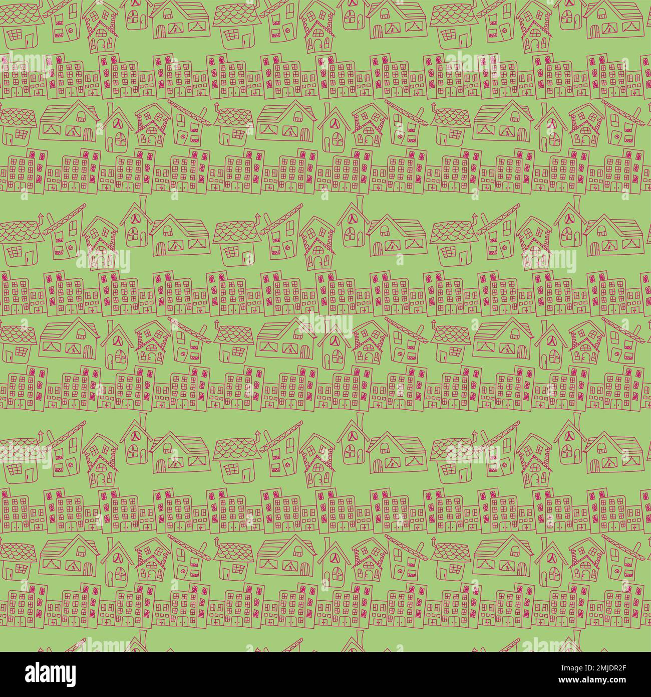 Umreißen Sie nahtlose Muster mit einer Silhouette von Cartoon-Häusern im Stil eines Malbuchs Stock Vektor