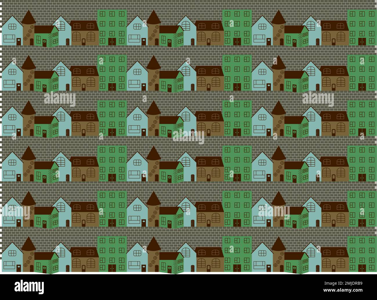 Nahtloses Muster mit Stadtbild von farbigen Häusern auf einem Bürgersteig Straße Stock Vektor