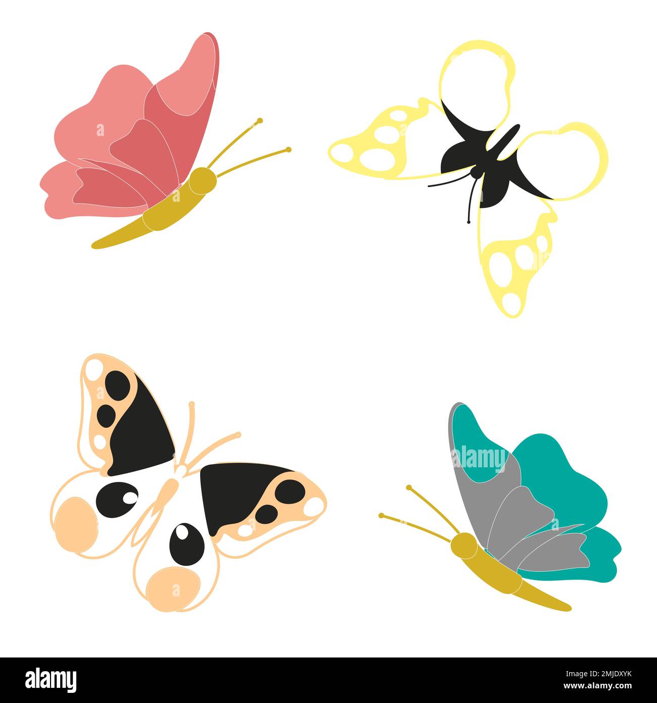 Ein Satz Schmetterlinge verschiedener Farben und Formen, isoliert auf weißem Hintergrund. Wunderschöne fliegende Insekten. Vektordarstellung im flachen Cartoon-Stil. Stock Vektor