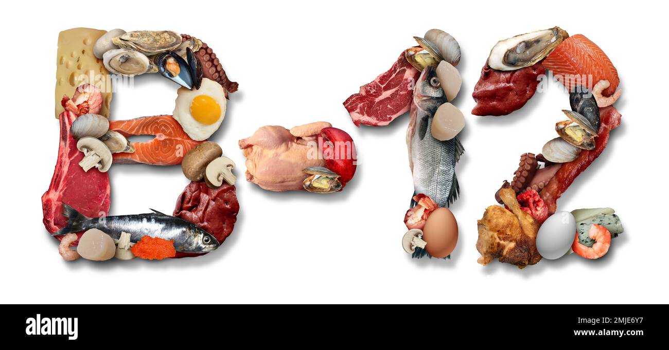 Vitamin-B12-Nahrung und natürliche Nahrungsergänzung als B-12-Ernährung mit Lebensmitteln wie Austern Leber Hühnereier und Fisch als Gesundheit und Wellness Stockfoto