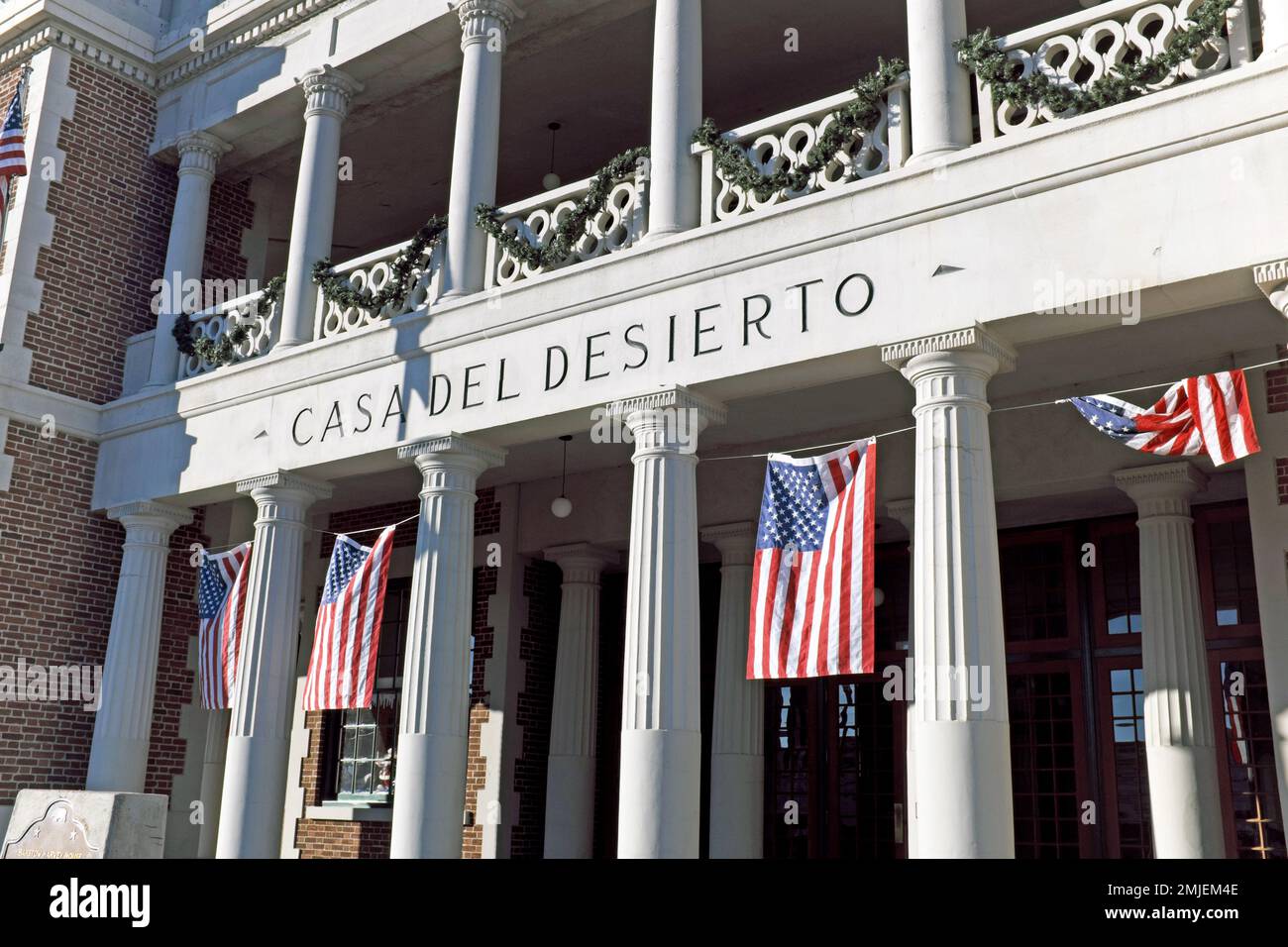 Das 1911 eröffnete Casa del Desierto war ein Harvey House Hotel und Santa Fe Railroad Depot in Barstow, Kalifornien, in der Mojave Wüste. Stockfoto
