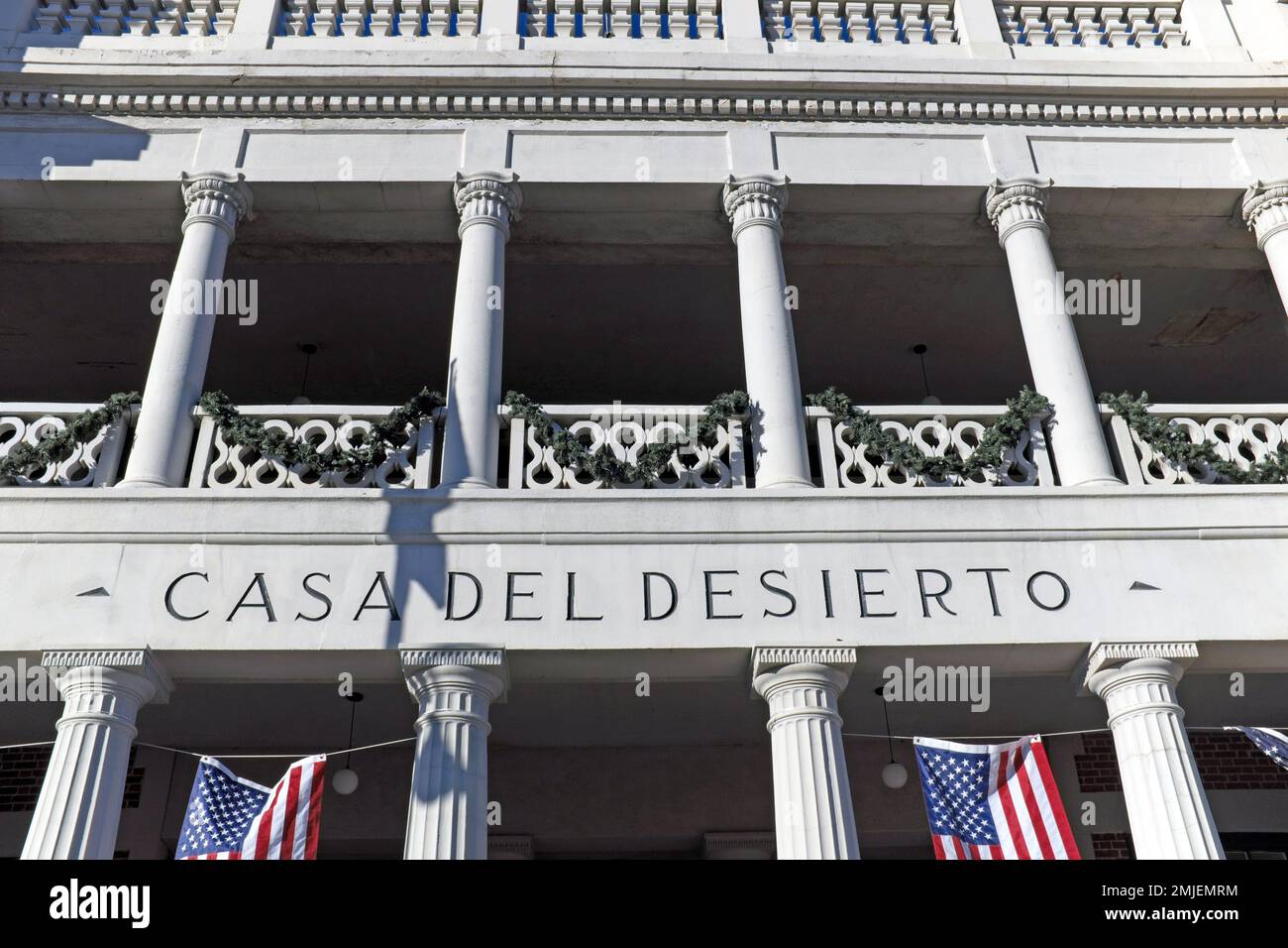 Das 1911 eröffnete Casa del Desierto war ein Harvey House Hotel und Santa Fe Railroad Depot in Barstow, Kalifornien, in der Mojave Wüste. Stockfoto