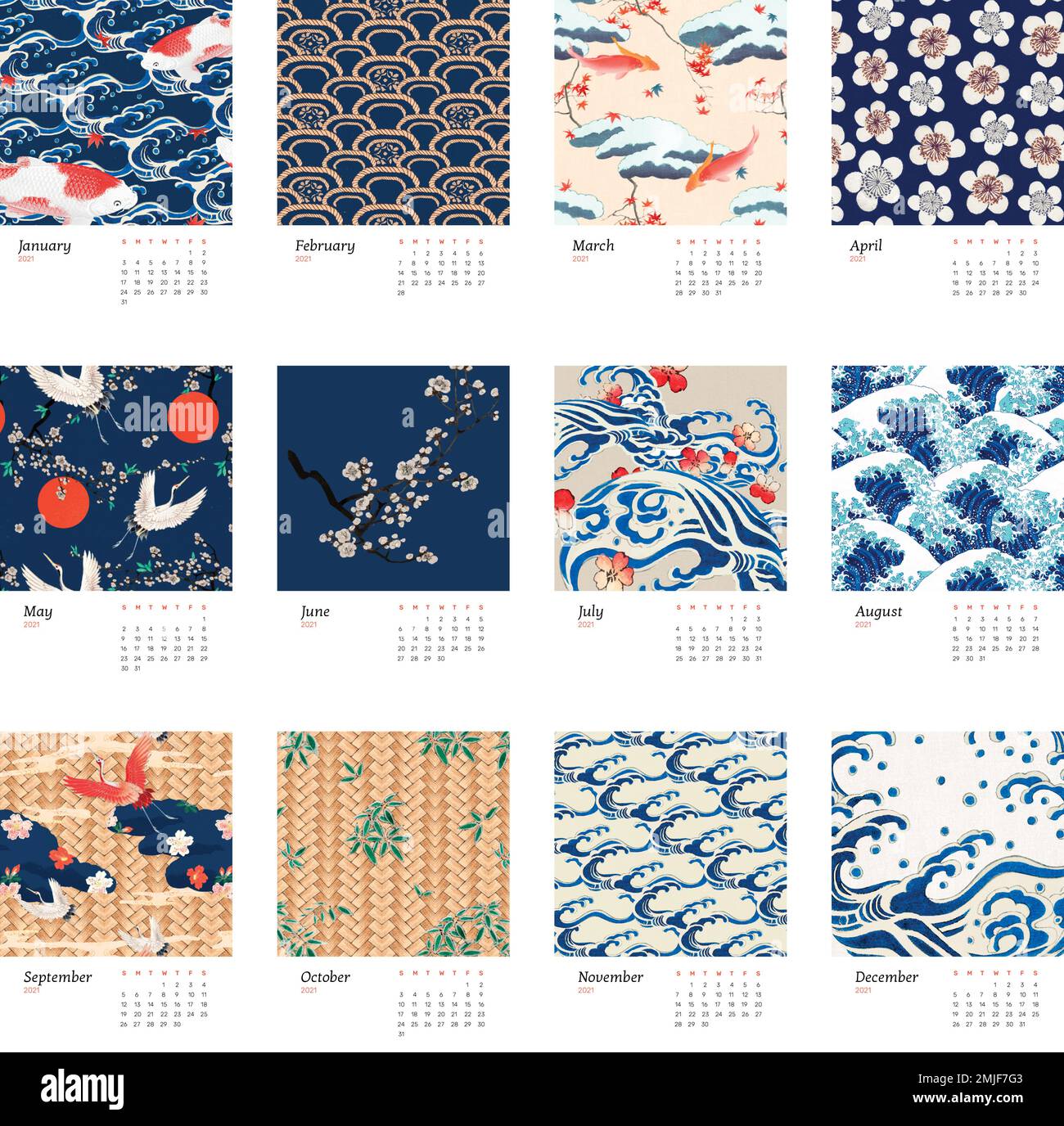 Kalender 2021 jährlich druckbarer Vektor mit japanischem Vintage Artwork Remix nach Originaldruck von Watanabe Seitei Stock Vektor