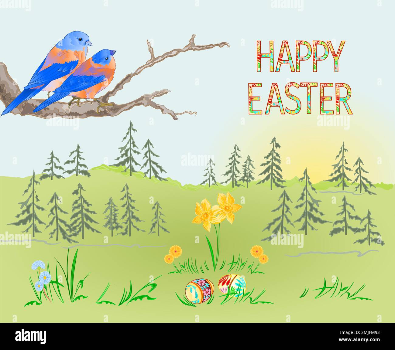 Osterlandschaft Wald und Vögel Bluebirds und ostereier im Gras mit Narzissen Vintage Illustration editierbar Handzeichen Stock Vektor