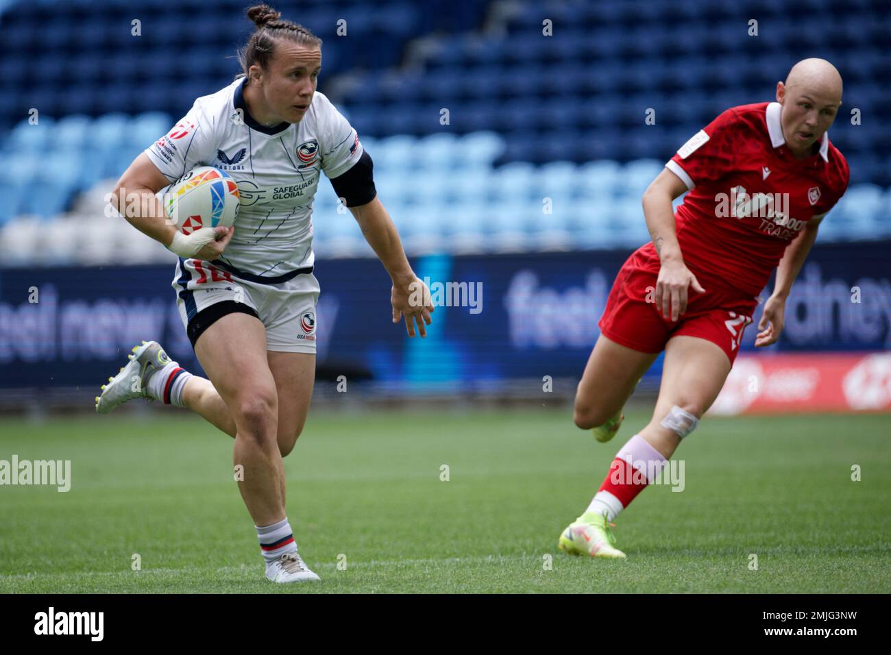 Sydney, Australien. 27. Januar 2023 Kristi Kirshe aus den USA spielt mit dem Ball während des 2023 zwischen den USA und Kanada stattfindenden Spiels Sydney Sevens im Allianz Stadium am 27. Januar 2023 in Sydney, Australien. Gutschrift: IOIO IMAGES/Alamy Live News Stockfoto