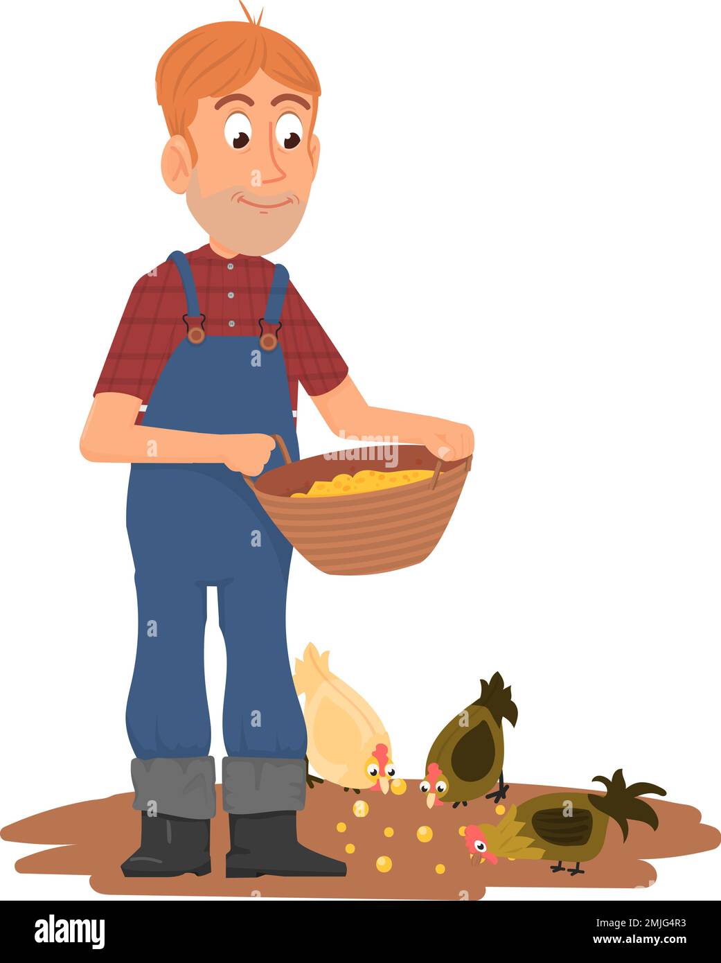 Bauer füttert Hühner. Cartoon-Mann mit Hausgeflügel Stock Vektor