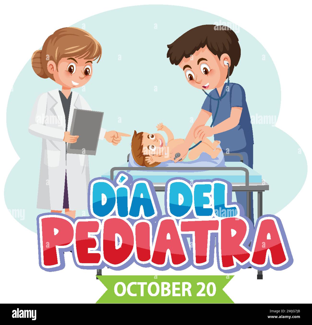 Día del Pediatra Text mit Cartoon-Figur Illustration Stock Vektor