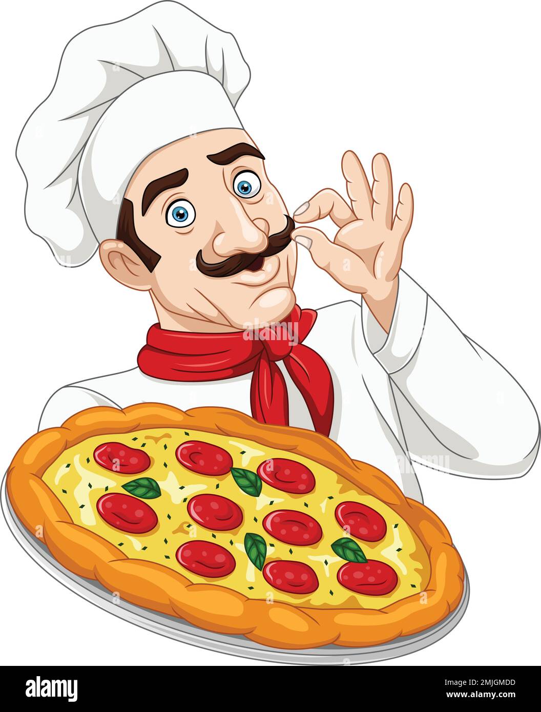 Ein Zeichentrickkoch-Mann mit einer Pizza Stock Vektor