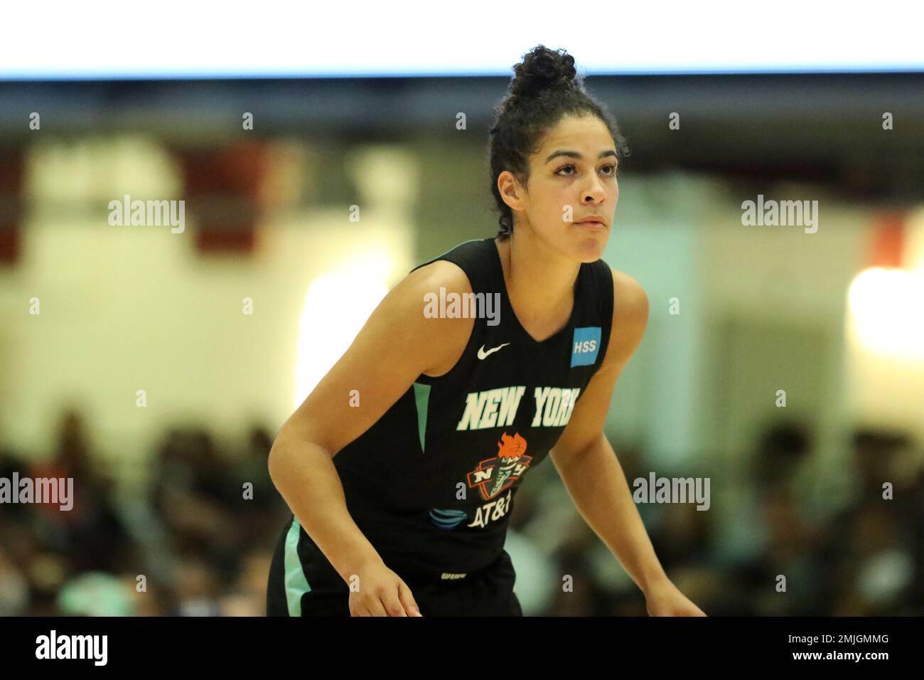 New York Liberty's Kia Nurse #5 in action against the Los Angeles Sparks during a WNBA basketball game, Saturday, July 20, 2019, in White Plains, N.Y. The Liberty won the game 83-78. (AP Photo/Gregory Payan) Stockfoto