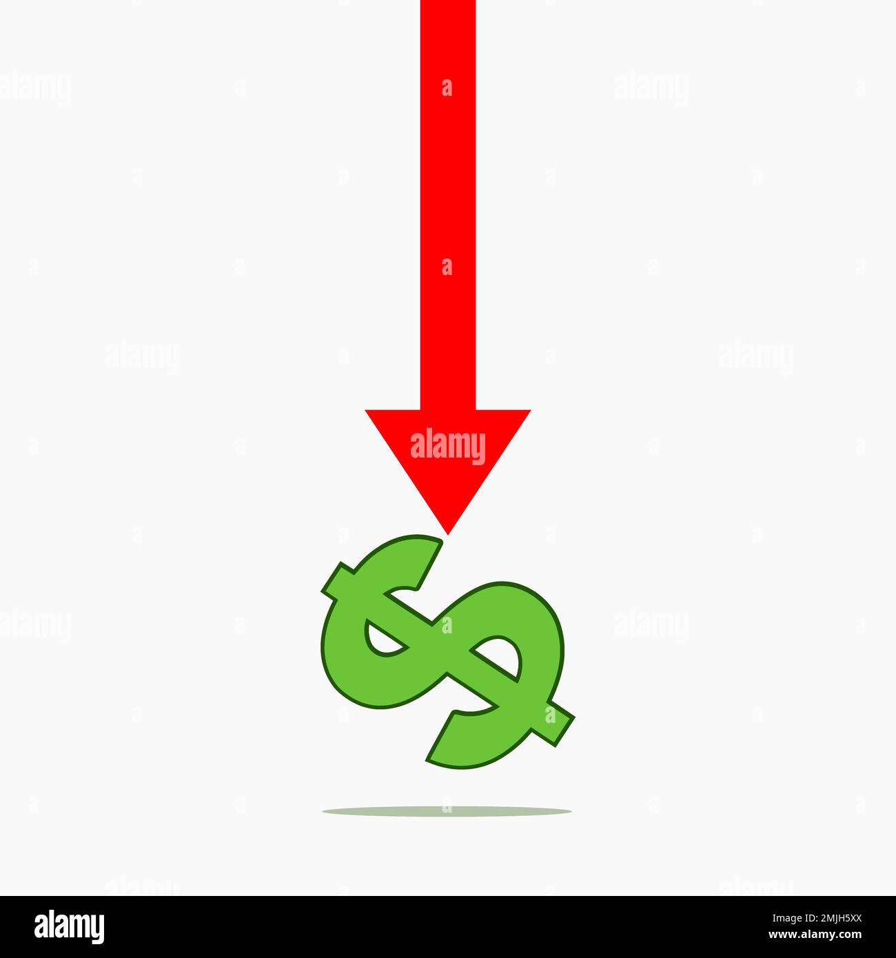 Dollar-Crash-Symbol mit rotem Pfeil auf weißem Hintergrund. Globaler Wirtschaftsabschwung. Rezession. Marktzusammenbruch. Stock Vektor