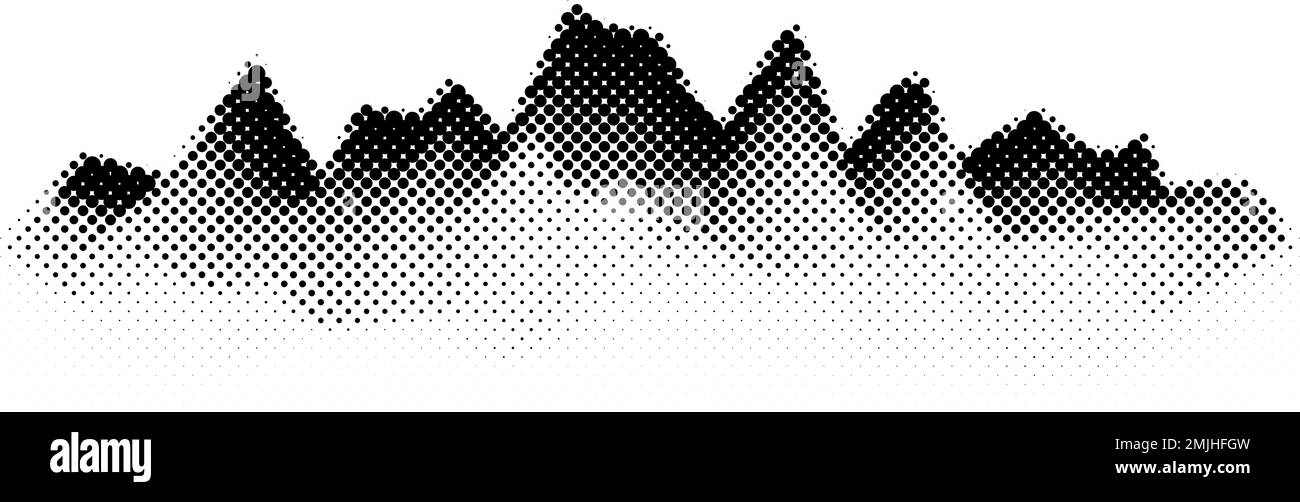 Getreidehalftone Berge. Verwaschene Landschaft und Gelände. Schwarz-weiß körnige Hügel. Grunge-Hintergrundgeräusche. Strukturierte Tapete. Stock Vektor