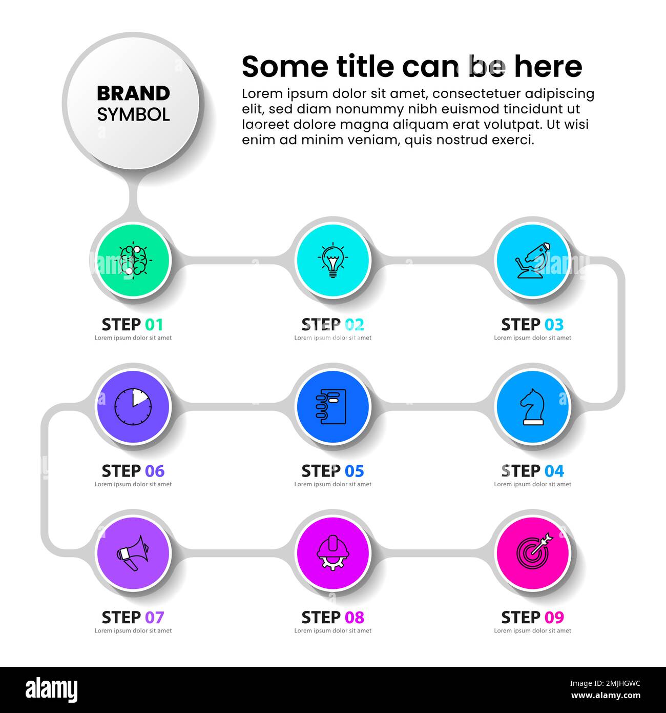 Infografik-Vorlage mit Symbolen und 9 Optionen oder Schritten. Zeitleiste. Kann für Workflow-Layout, Diagramm, Banner, webdesign verwendet werden. Vektorgrafik Stock Vektor