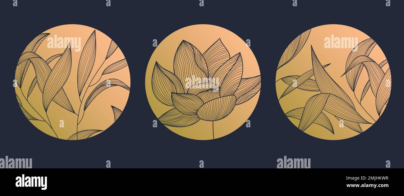 Vektorsatz mit abstraktem kreisförmigem linearem Logo im japanischen Stil. Blätter, Pflanzen, Lotus Luxus goldenes Emblem für Bio, Kosmetik, Naturprodukte, Tee Stock Vektor
