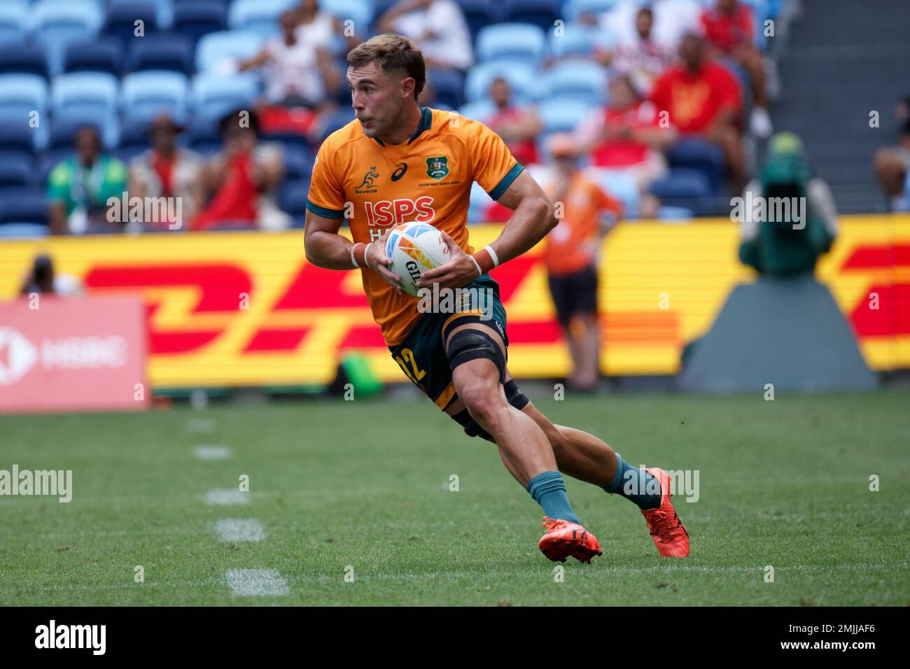 Nathan Lawson aus Australien läuft am 27. Januar 2023 im Allianz Stadium im Sydney, Australien, während des 2023 stattfindenden Spiels Sydney Sevens zwischen Australien und Großbritannien mit dem Ball Stockfoto