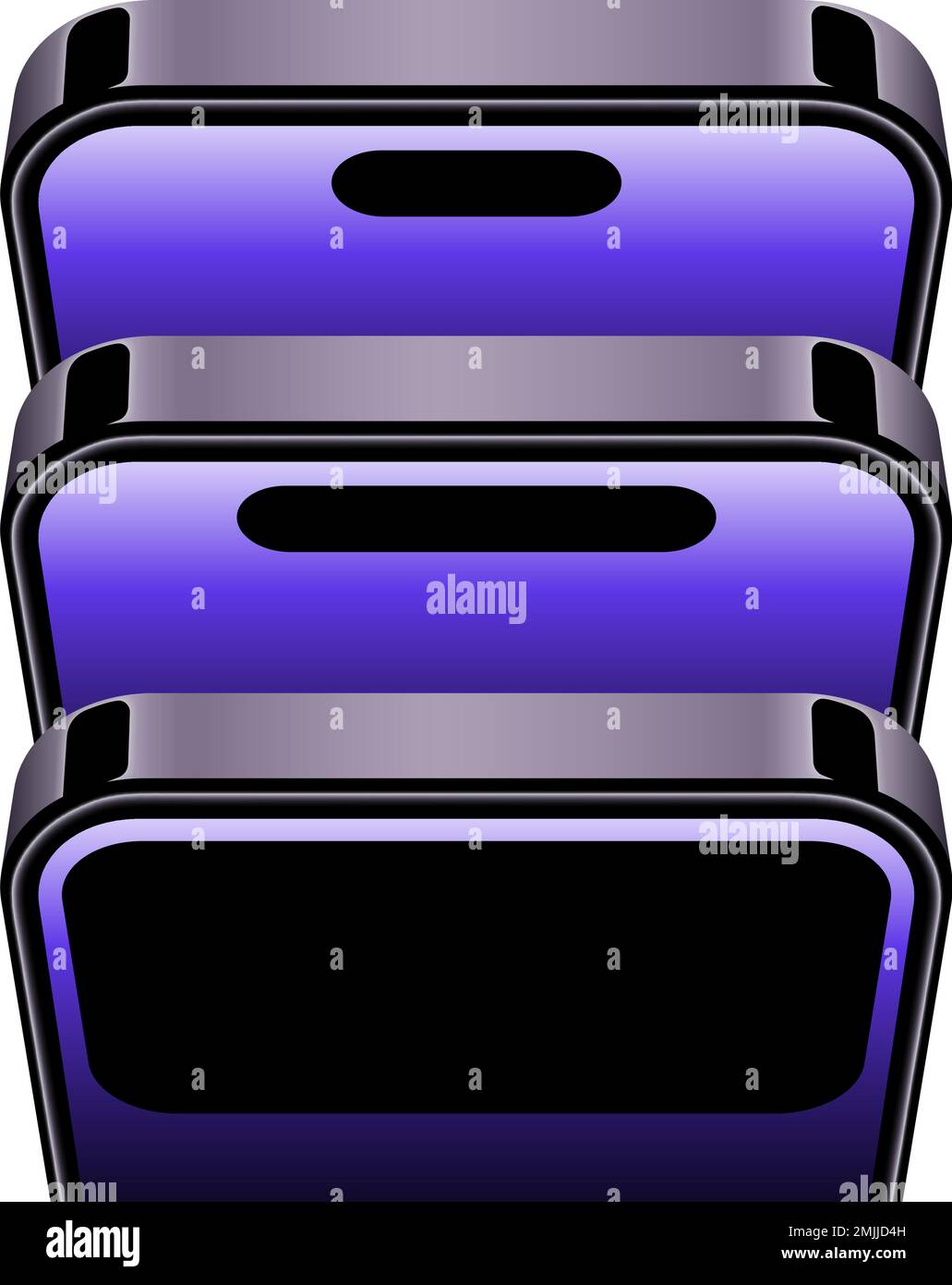 Drei Smartphones 14 Mockup. Draufsicht. Realistisches violettes 3D-Design auf weißem Hintergrund. Vektordarstellung Stock Vektor
