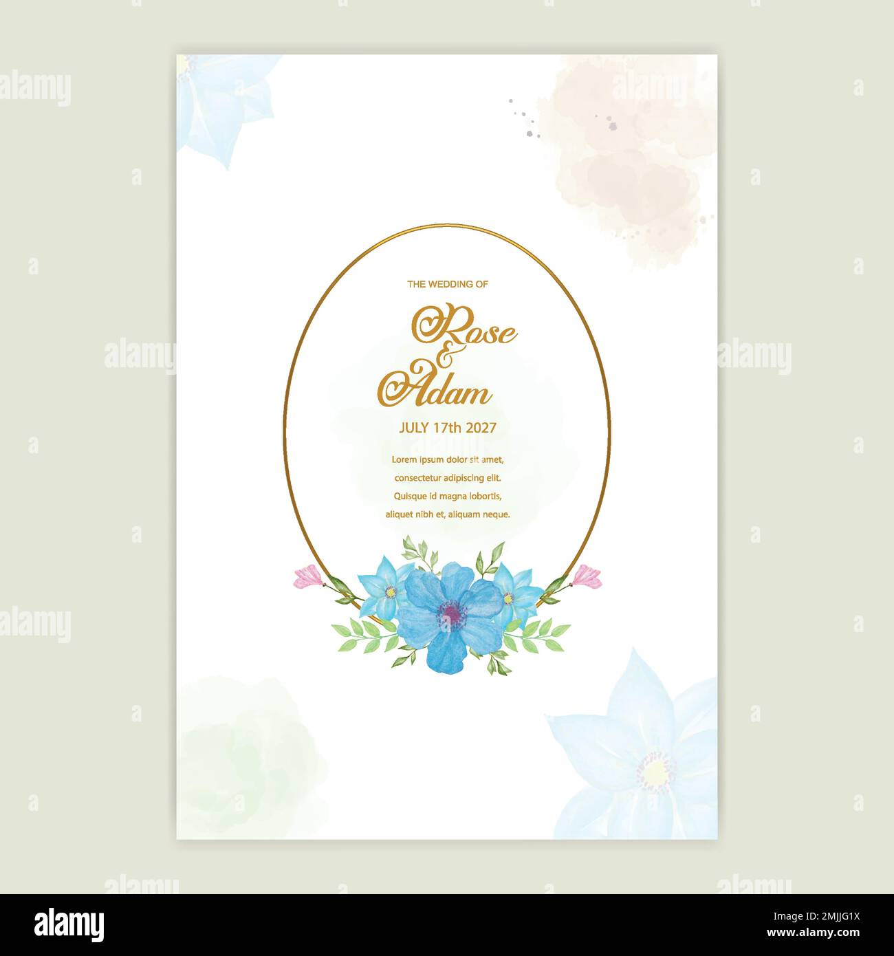 Staubige blaue Rose, weiße Hortensien, Ranunculus, Magnolie, Eukalyptus, Grün, Wacholder-Vektordesign-Banner. Runder Rahmen. Hochzeitsblumen der Saison. Flo Stock Vektor
