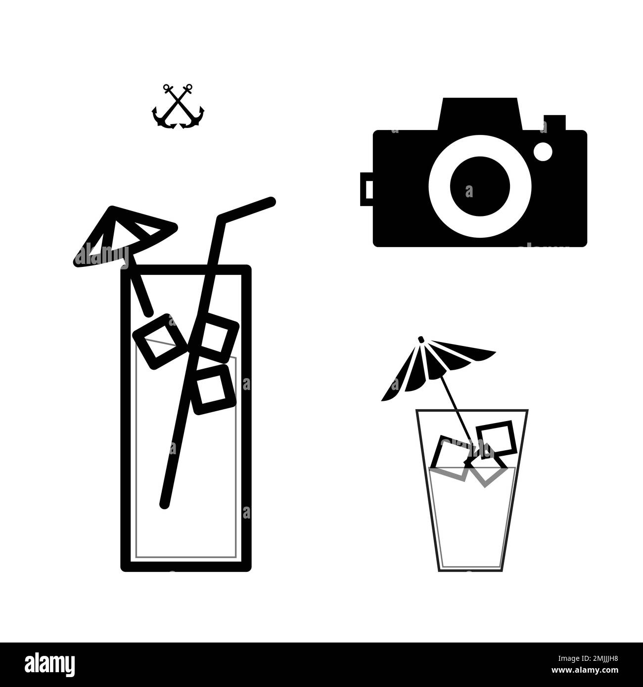 Die Symbole der Linien Sommer und Tourismus legen die Vektordarstellung fest. Strand, Meer, Reisepass, Sand, Reisen, Drachen, Umbrela, Sommer, Vibes, Heiße Sonne, eps 10 Stock Vektor