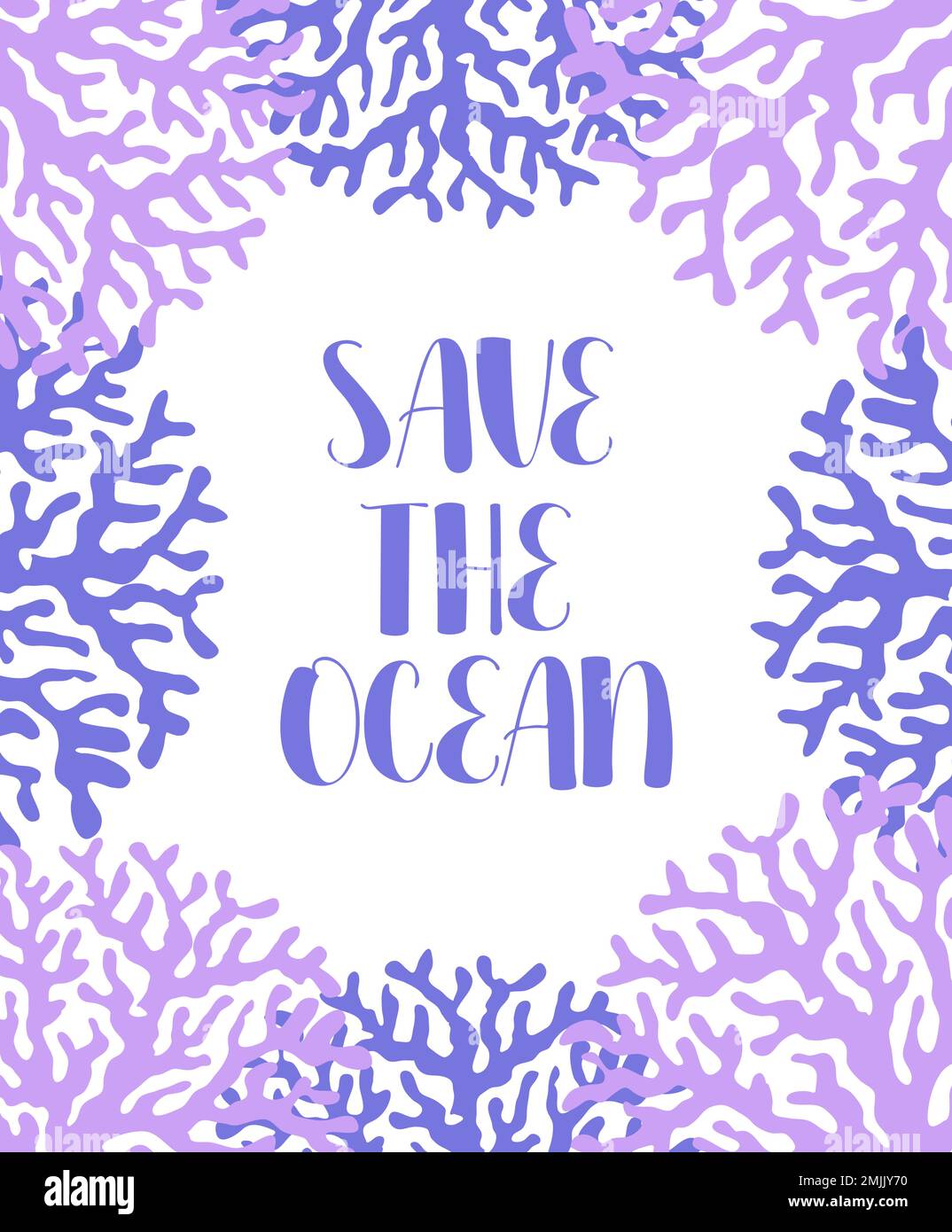 Vektor Ozean Illustration mit Korallen. Save the Ocean - Moderne Beschriftung. Unterwassertiere. Ökologisches Design für Banner, Flyer, Postkarte, Website Stock Vektor