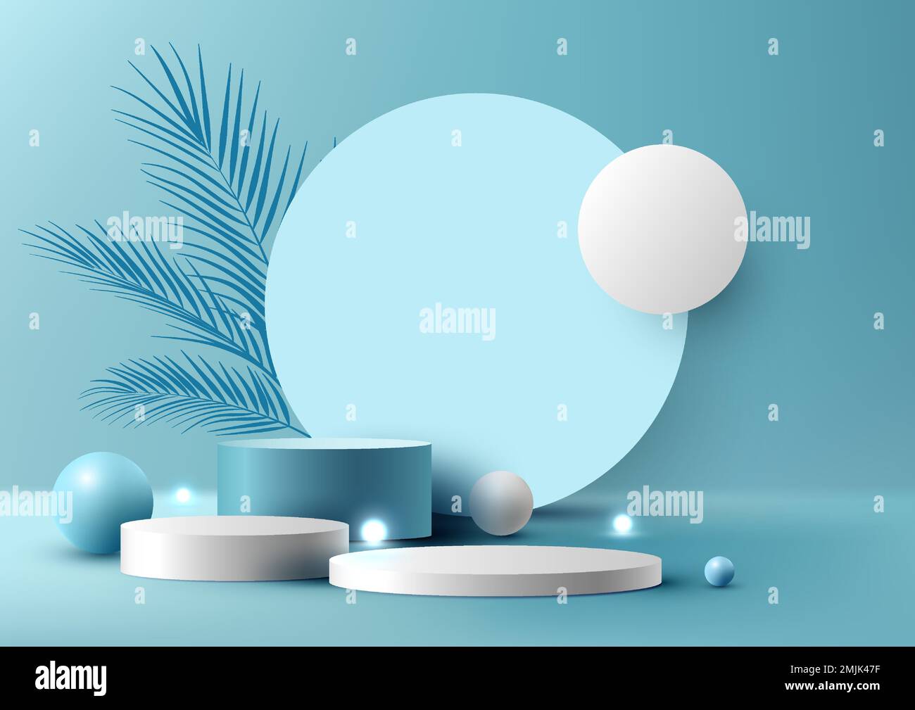 3D realistischer leerer Studioraum mit weiß-blauem Zylinder-Podiumständer mit kreisförmigem Hintergrund, kugelförmigen Lichtkugeln und Palmenblättern an minimaler Wand Stock Vektor