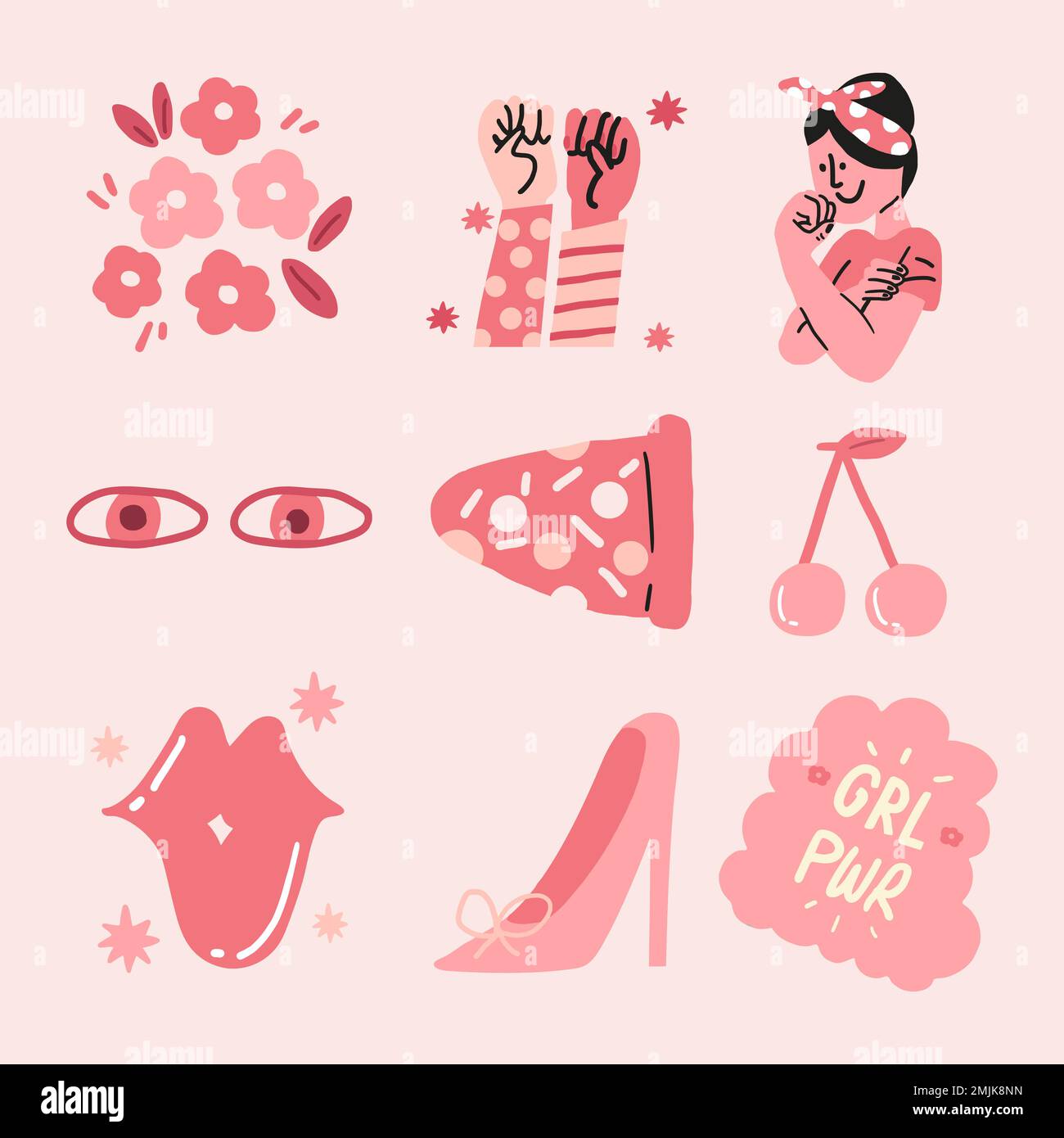 Girl Power Sticker Vektor in rosa monochrom gesetzt Stock Vektor