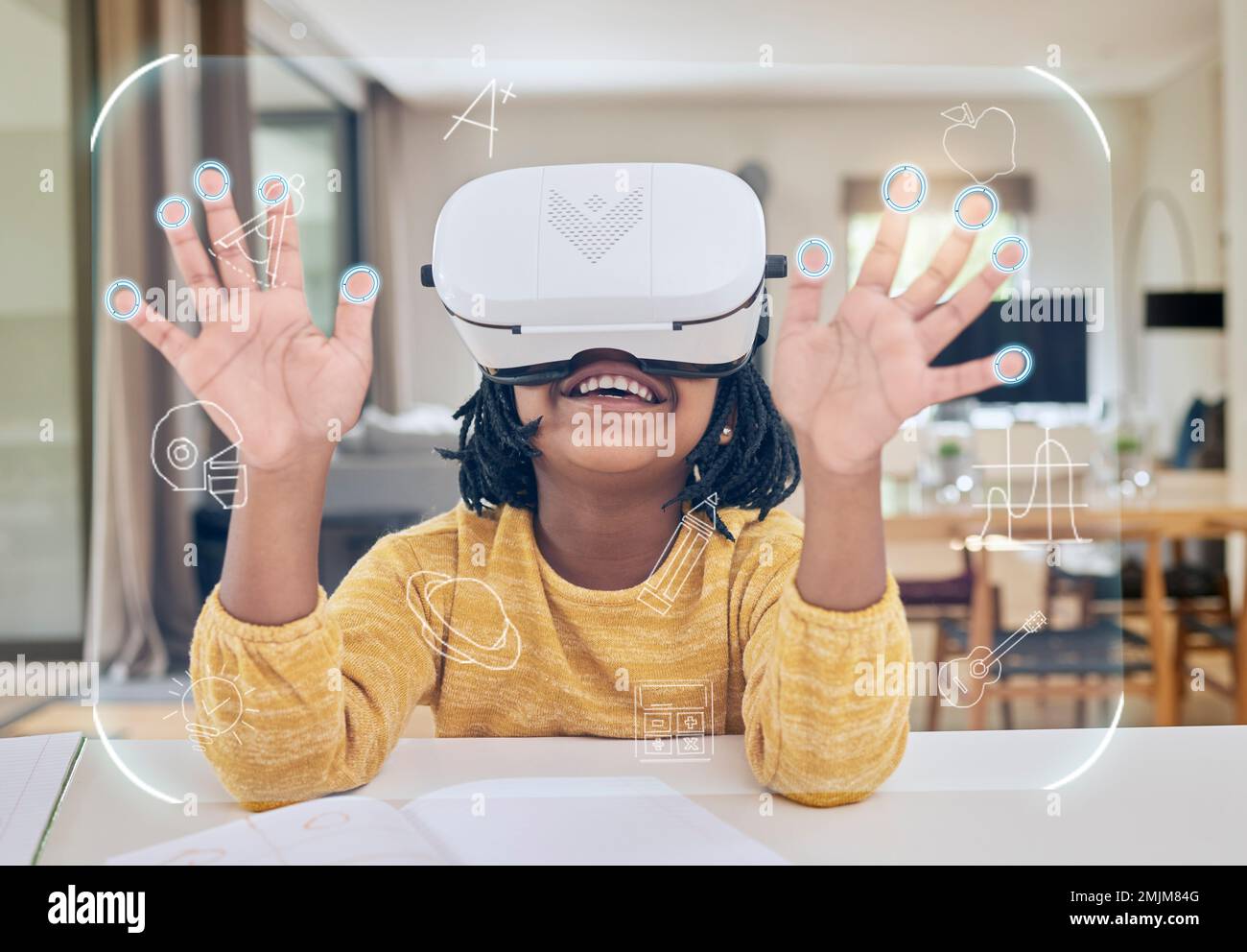 VR, Bildung und Kind in Headset-e-learning in virtueller Klasse in Metaversum, Gaming oder Video-Streaming. Futuristisches Lernen, Cyber-Klassenzimmer und Stockfoto