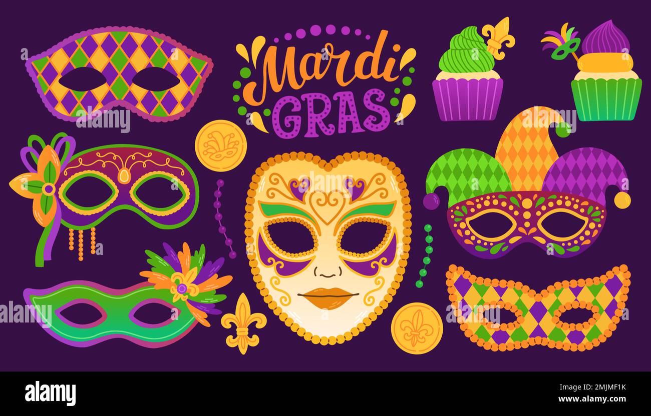 Mardi Gras stellt Karneval-Partyelemente. Fat tuesday, Karneval, Festival. Grußkarte, Banner, Geschenkverpackung, Poster Stock Vektor