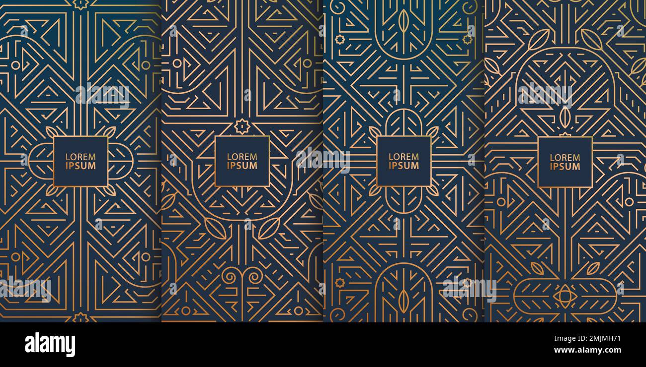 Vector-Liniendesign im trendigen Vintage-Stil, abstrakte geometrische Rahmen im Art déco-Stil, luxuriöse Paketvorlagen mit Blättern. Für die Hochzeit Stock Vektor