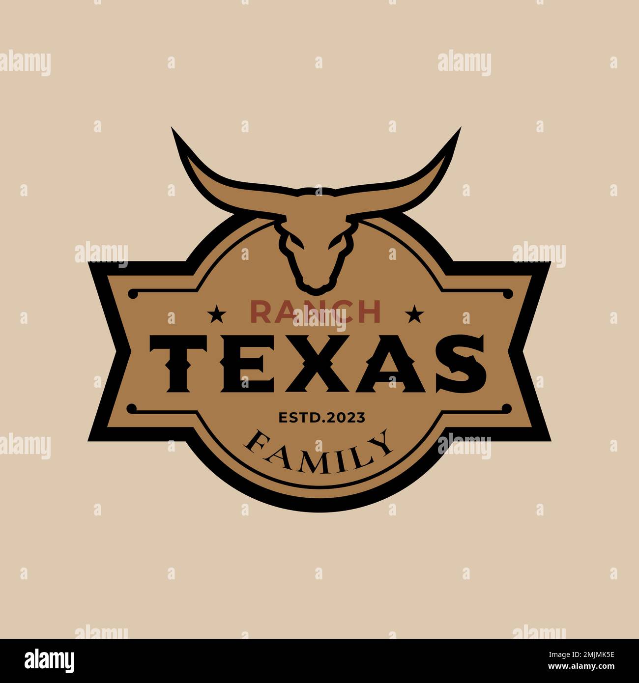 Vintage Retro Texas Longhorn Familienfarm, Western State Bullenvieh. Vector Vintage Label Logo Design Emblem Stock Vektor