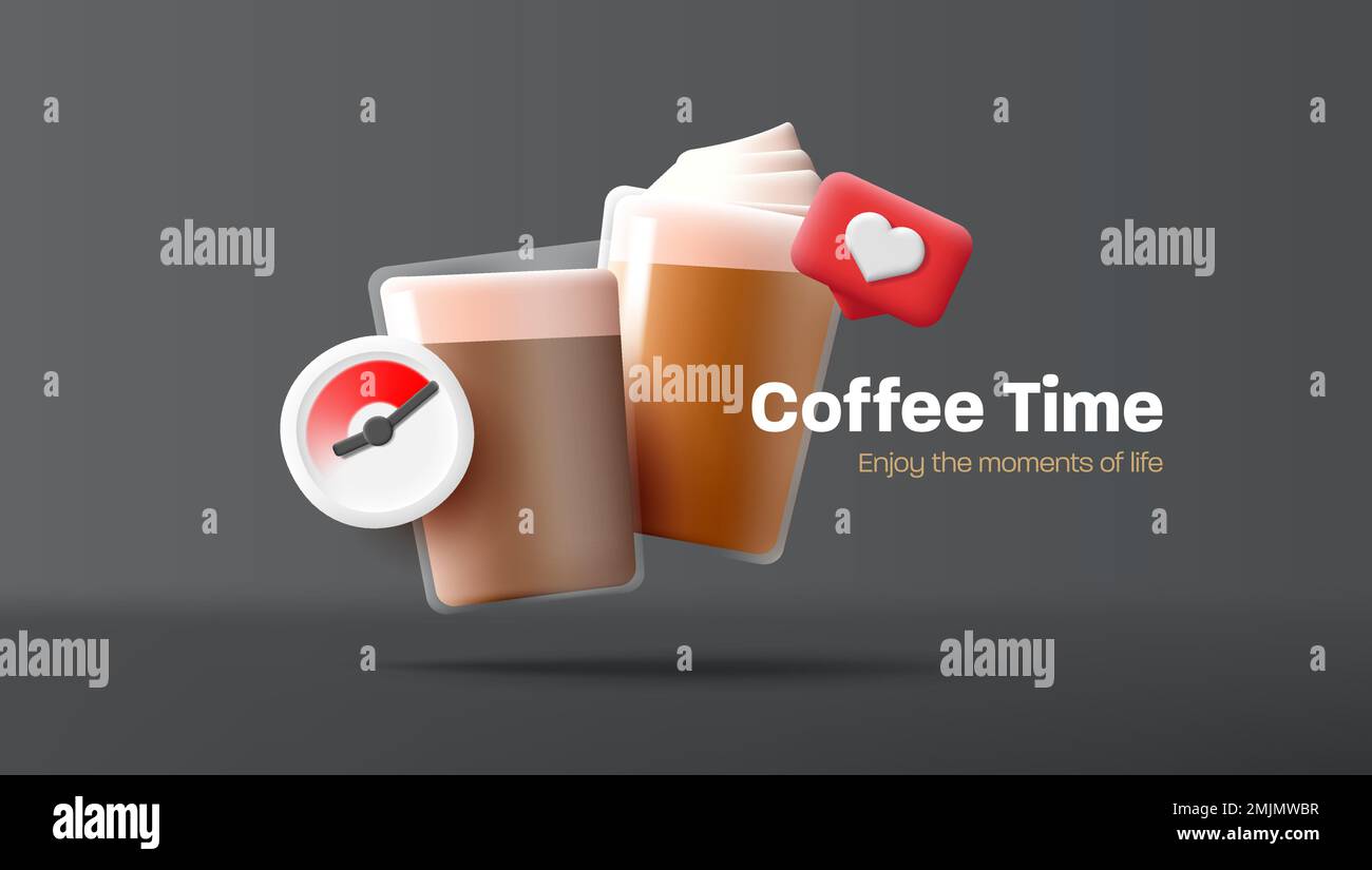 Banner für die Kaffeezeit mit 3D Rendern Sie Cappuccino und Latte mit Schaumcreme in Glasbechern mit Zeitschaltuhr und ähnlichen Symbolen auf schwarzem Hintergrund Stock Vektor