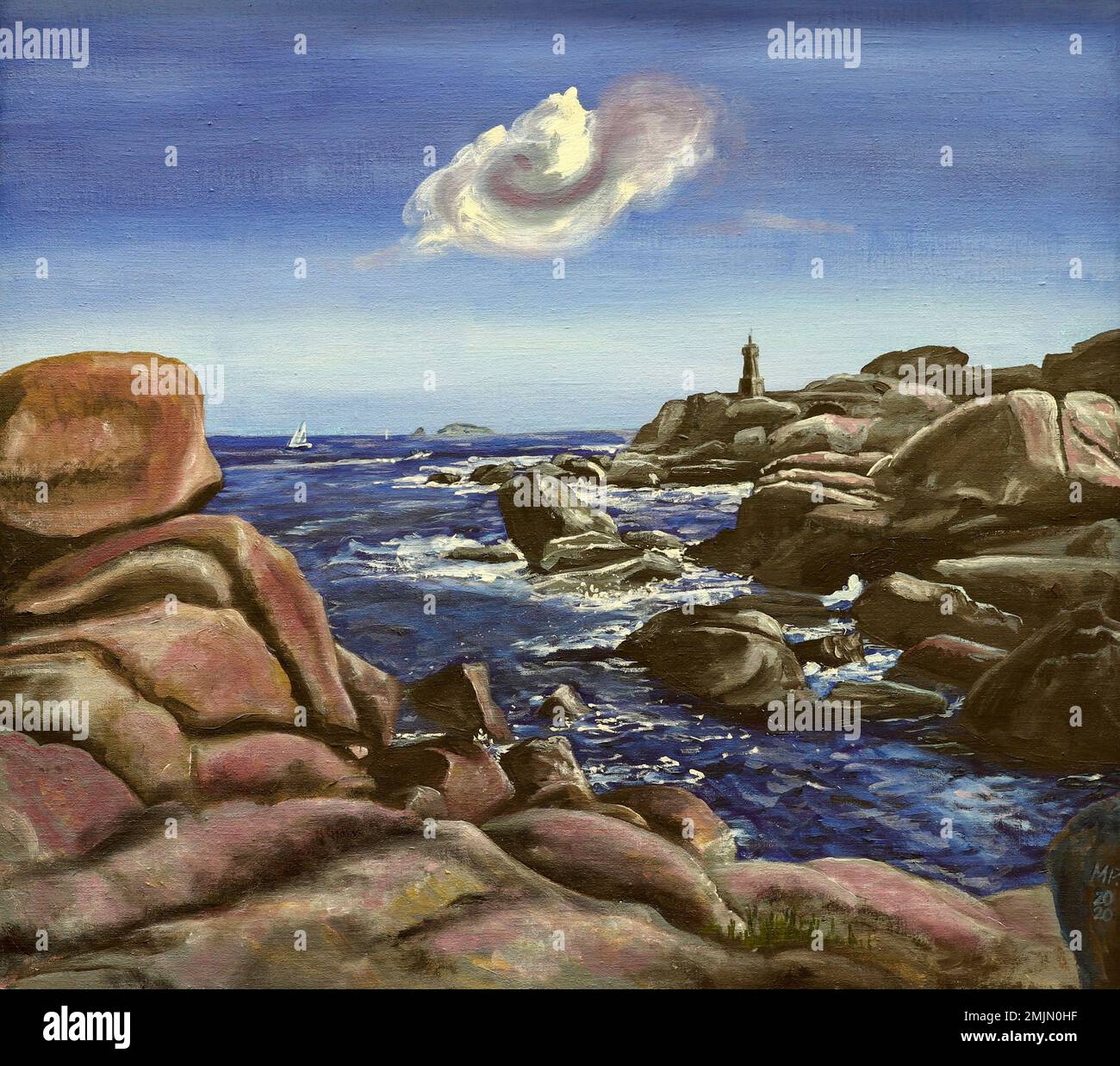 Ploumanac'h Leuchtturm - Mean Ruz Leuchtturm - aktiver Leuchtturm in Perros-Guirec, Cotes-d'Armor, Bretagne, Frankreich Stockfoto