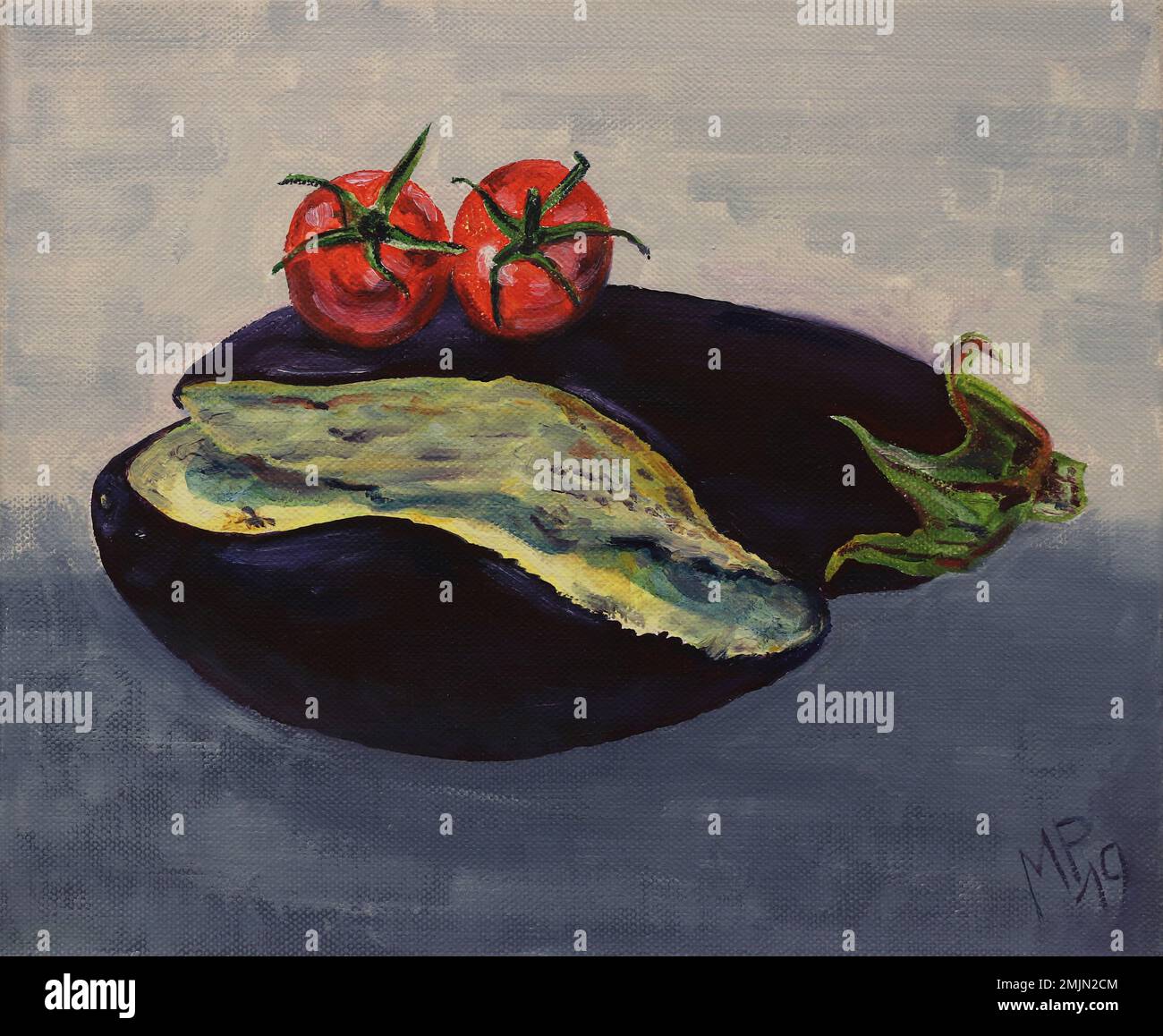 Stillleben mit Auberginen und Tomaten Stockfoto