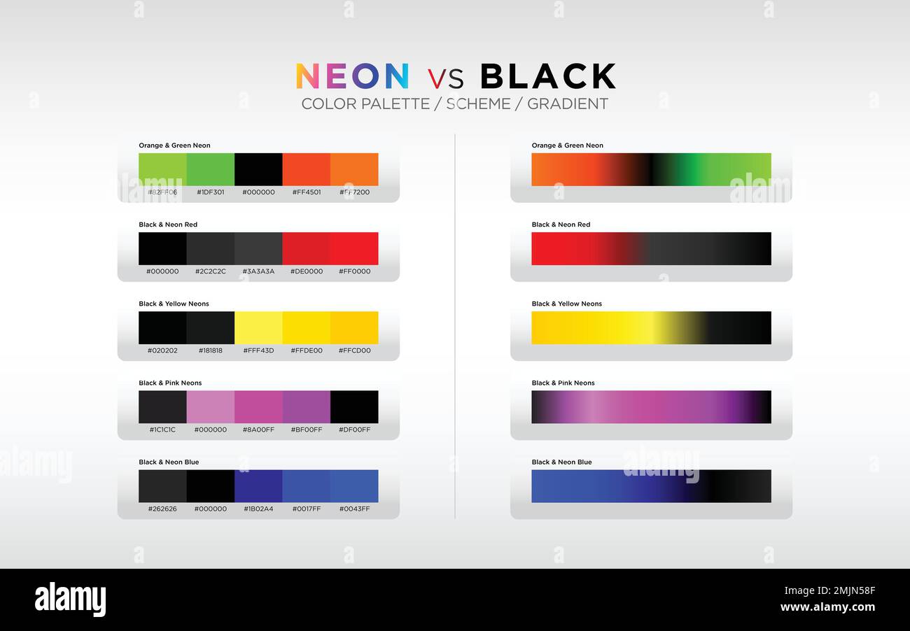 Neon-Farbpaletten, Farbschemata und Farbverläufe. Satz von Farbelementen für Webdesign. Vektordarstellung Stock Vektor