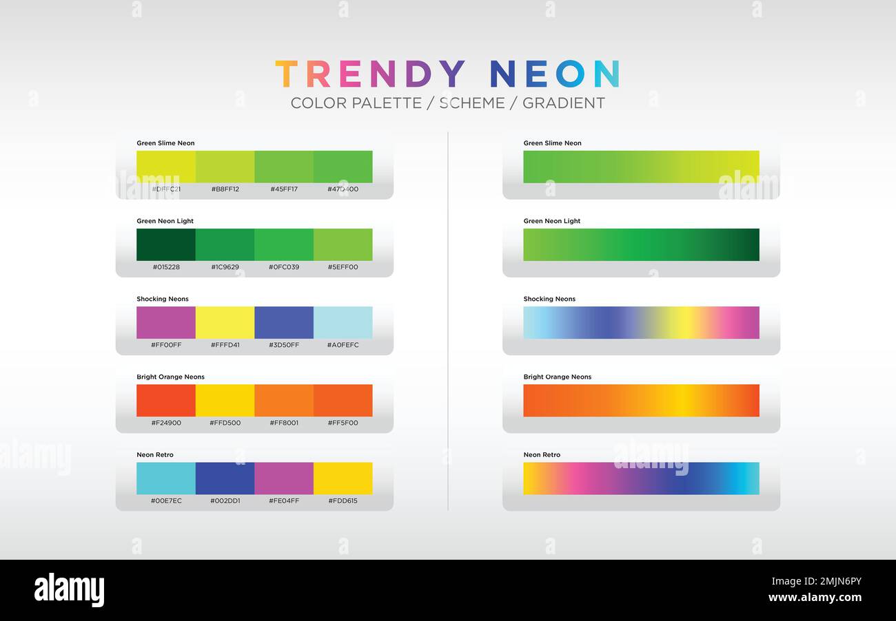 Neon-Farbpaletten, Farbschemata und Farbverläufe. Satz von farbigen Verläufen. Vektordesign-Farbelemente für Ihr Design. Stock Vektor