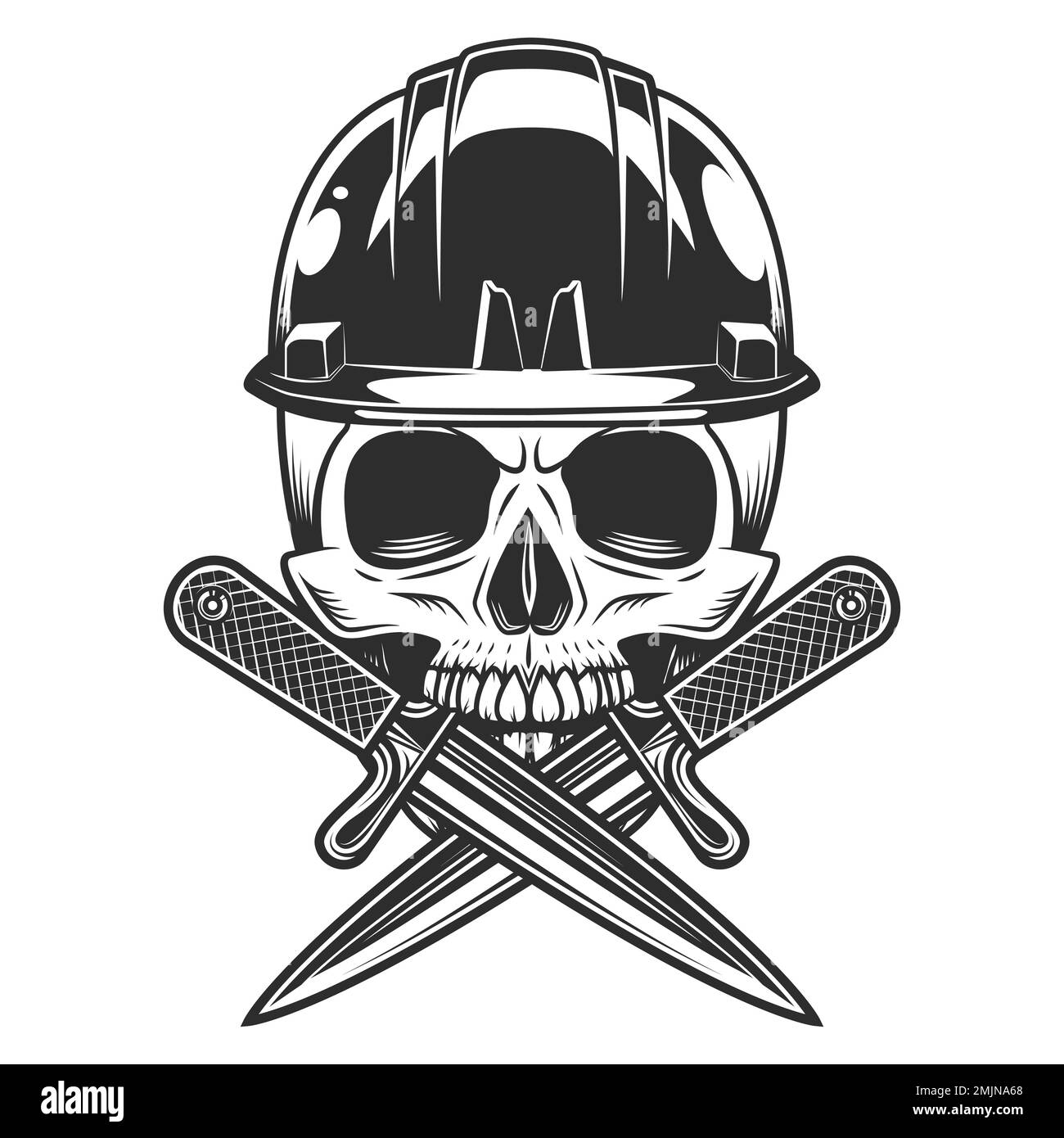 Neuer Bauarbeiter Schädel mit gekreuztem Messer, Schutzhelm Business Umbau Haus-Vintage-Illustration Stock Vektor
